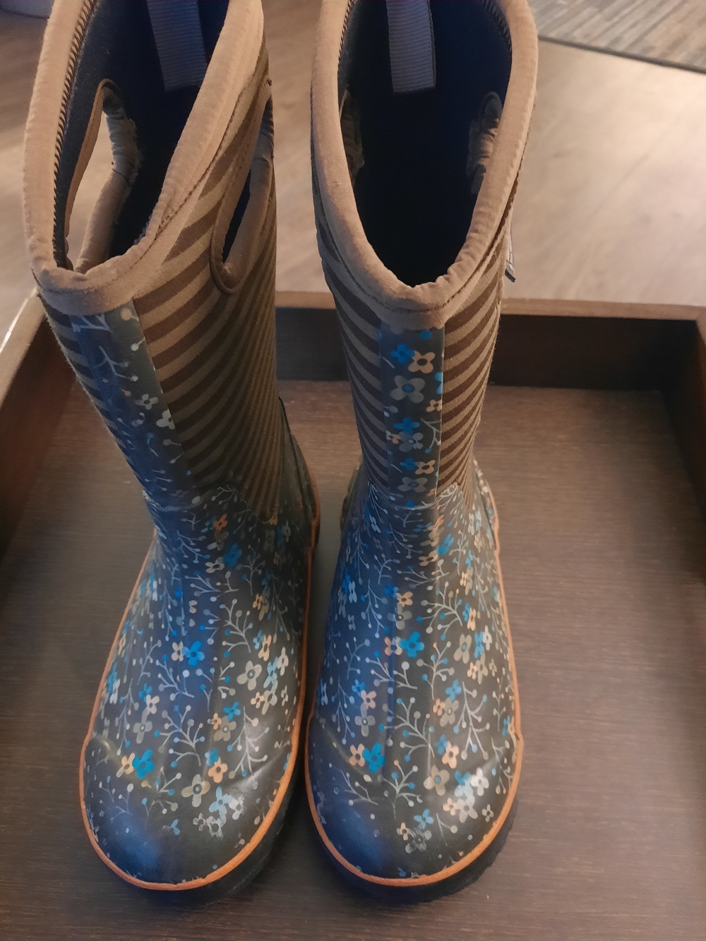 BOGS Floral Waterproof Rain Boots - Brown & Blue